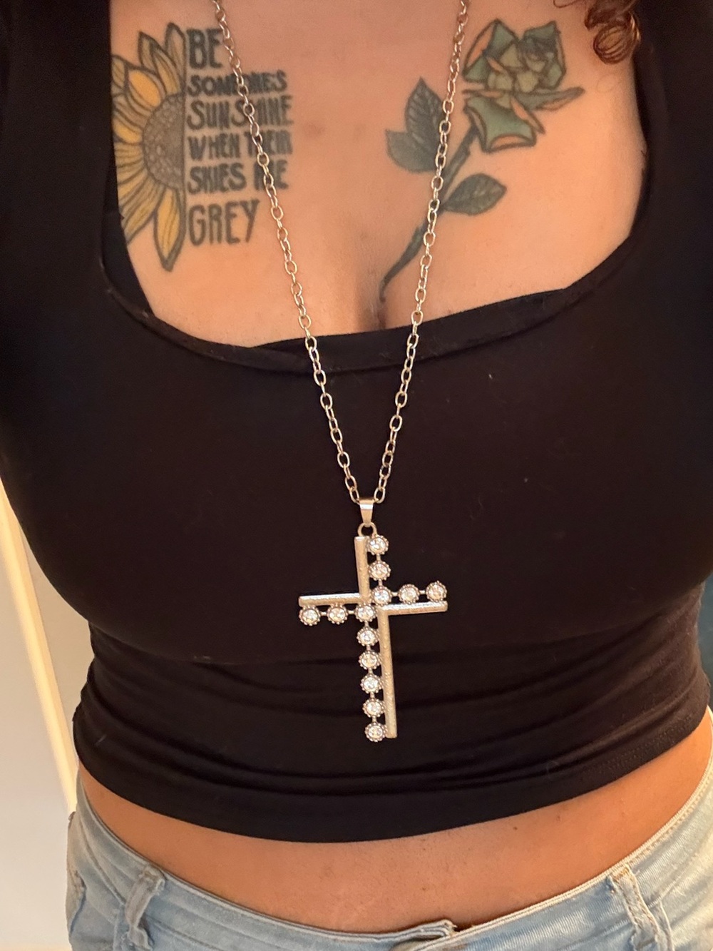 Silver Cross Pendant Necklace with Clear Crystals - Women Jewelry